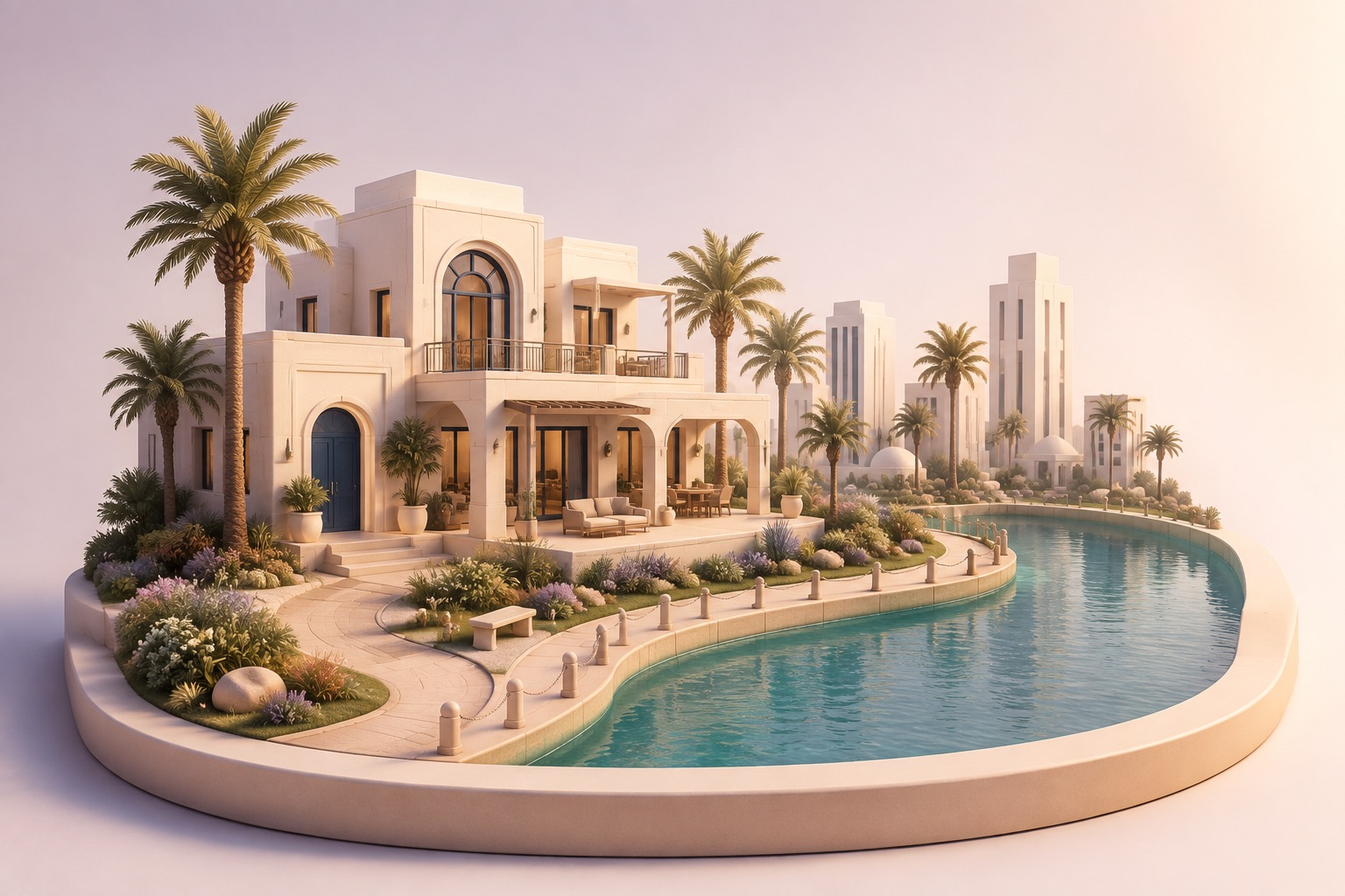An imagined UAE neighbourhood: a sunlit family home, palms and a waterfront, illustrated as an architectural miniature